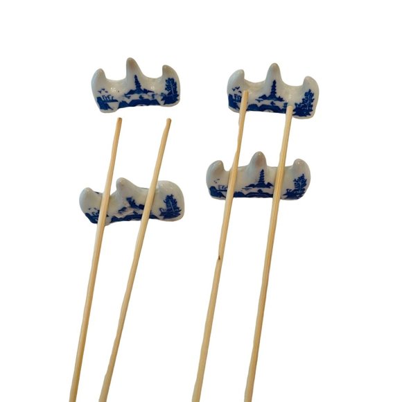 Vintage Chop Stick Rest Stand White Porcelain with Blue Detail Set of 4 - Picture 3 of 6